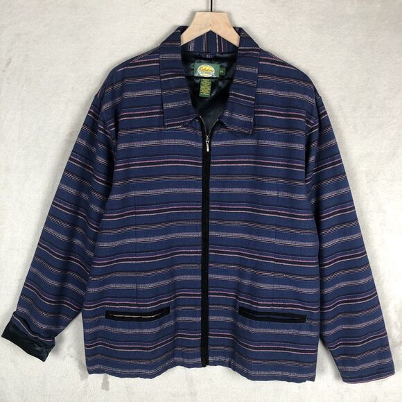 VTG CABELA'S Jacket Women's 2XL XXL Blue Stripe Woven Zip Pockets Lined Cotton - Picture 1 of 15